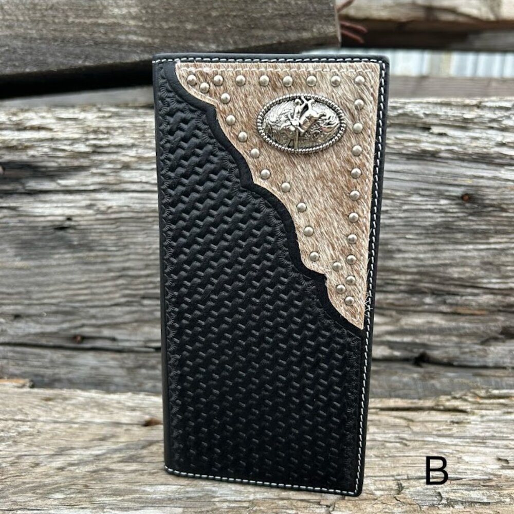 Black Basketweave Leather Tall Wallet with Bull Rider Concho on Cowhide Inlay